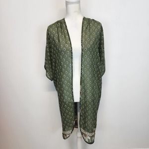 Live 4 Truth Paisley Print Long Open Kimono Cardigan Size M dark Green Bohemian
